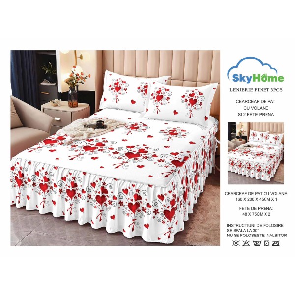 Cearsaf cu volanase, Bumbac FINET, plus  2 fete de perne 50x70cm, Alb-Rosu, inimioare, LDBS-223