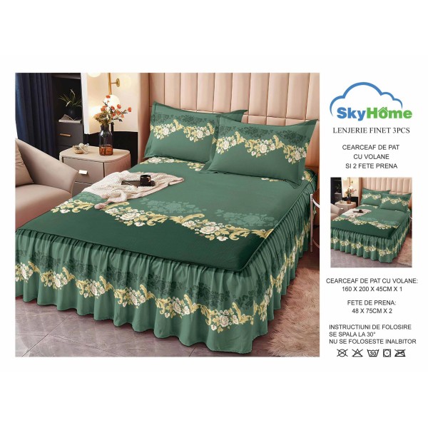 Cearsaf cu volanase, Bumbac FINET, plus  2 fete de perne 50x70cm, Verde-Galben, flori, LDBS-224
