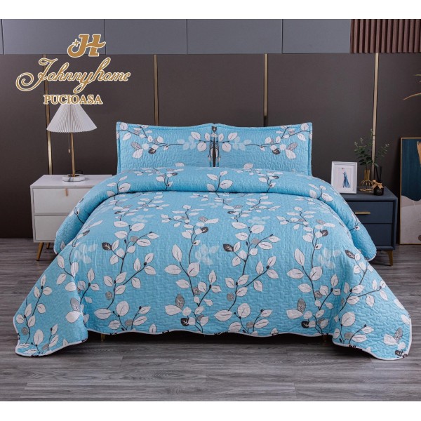 Cuvertura pentru pat dublu cu 2 fete, matlasata, Bumbac Satinat, Blue-Alb, flori, OCT-047