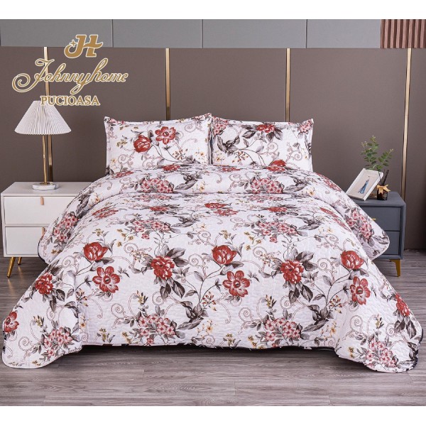 Cuvertura pentru pat dublu cu 2 fete, matlasata, Bumbac Satinat, Alb-Multicolor, flori, OCT-060