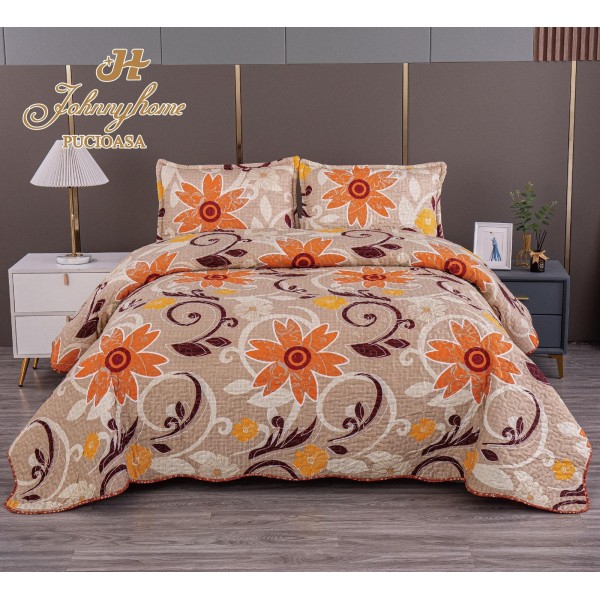 Cuvertura pentru pat dublu cu 2 fete, matlasata, Bumbac Satinat, Maro-Bej, flori, OCT-062