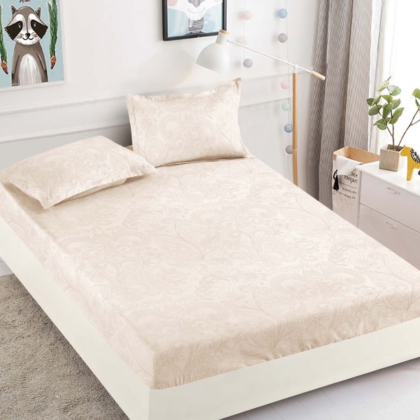 Husa pat cu elastic, Bumbac FINET, 180x200cm, 2 fete de perne 50x70cm, Crem, HDF-144