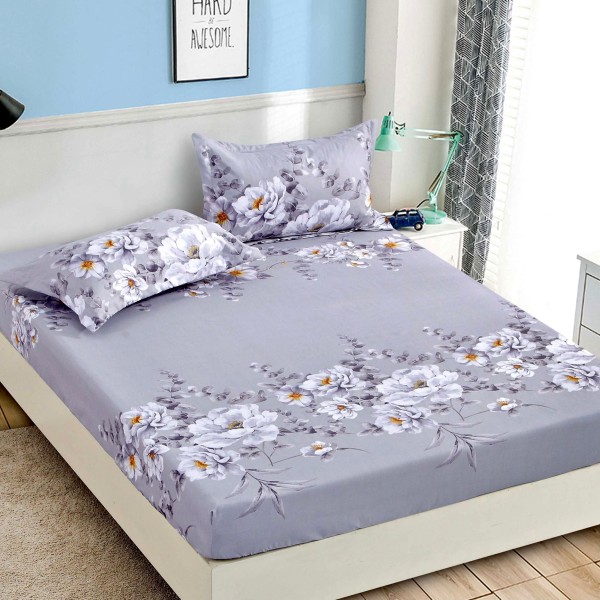 Husa pat cu elastic, Bumbac FINET, 180x200cm, 2 fete de perne 50x70cm, Blue-Alb, flori, HDF-161