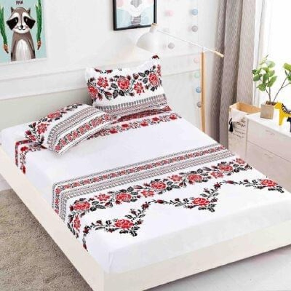 Husa pat cu elastic, Bumbac FINET, 180x200cm, 2 fete de perne 50x70cm, Alb-Rosu-Negru, model traditional, HDF-163