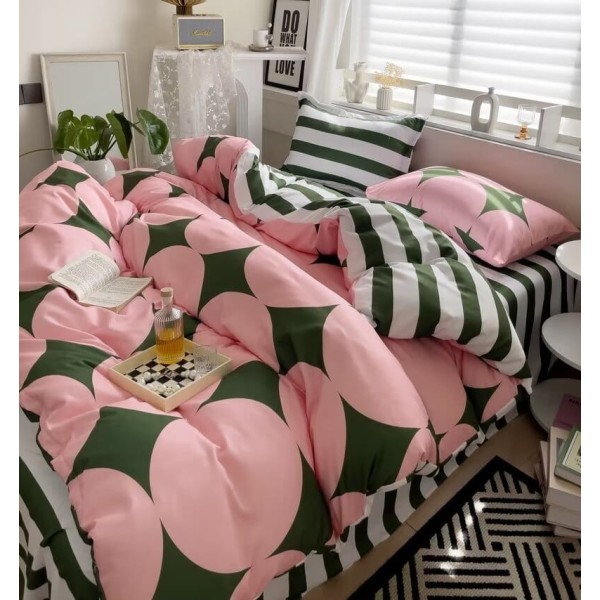 Lenjerie pat dublu, 4 piese, Bumbac Satinat Superior, Roz-Vrede, romburi, OLBS-004