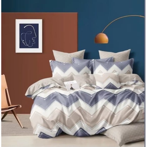 Lenjerie pat dublu, 4 piese, Bumbac Satinat Superior, Crem-Blue, zig zag, LDBS-117