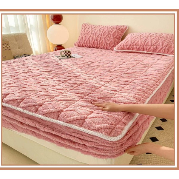 Husa Topper Cocolino Matlasata 160x200cm, Model Tricotat, cu Bordura, Roz, HTC-068