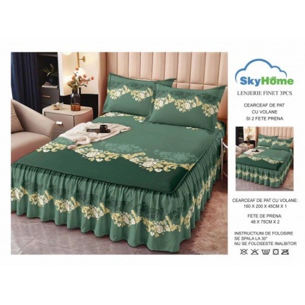 Cearsaf cu volanase, Bumbac FINET, plus 2 fete de perne 50x70cm, Verde-Galben, flori, OLBS-035