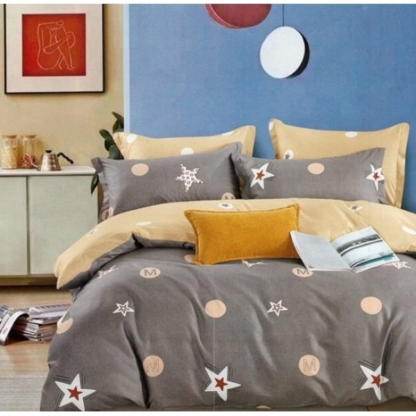 Lenjerie pat dublu, 4 piese, Bumbac Satinat Superior, Gri-Bej, stele, OLBS-044