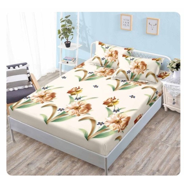 Husa pat cu elastic, Bumbac FINET, 180x200cm, 2 fete de perne 50x70cm, Crem-Multicolor, flori, OHT-006