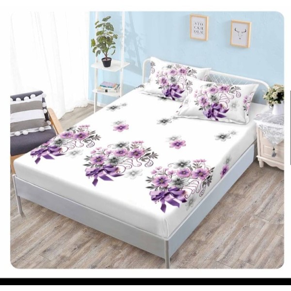 Husa pat cu elastic, Bumbac FINET, 180x200cm, 2 fete de perne 50x70cm, Alb-Mov, flori, OHT-011