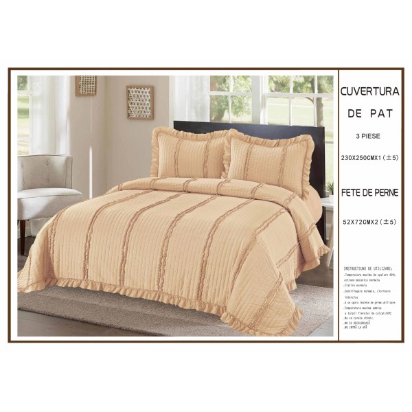 Cuvertura cu volanase pentru pat dublu din Bumbac Satinat, 230x250cm, plus 2 fete de perna, Crem, CBS-040