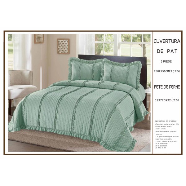 Cuvertura cu volanase pentru pat dublu din Bumbac Satinat, 230x250cm, plus 2 fete de perna, Verde, CBS-041
