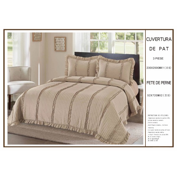 Cuvertura cu volanase pentru pat dublu din Bumbac Satinat, 230x250cm, plus 2 fete de perna, Maro inchis, CBS-042