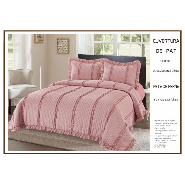 Cuvertura cu volanase pentru pat dublu din Bumbac Satinat, 230x250cm, plus 2 fete de perna, Roz, CBS-043