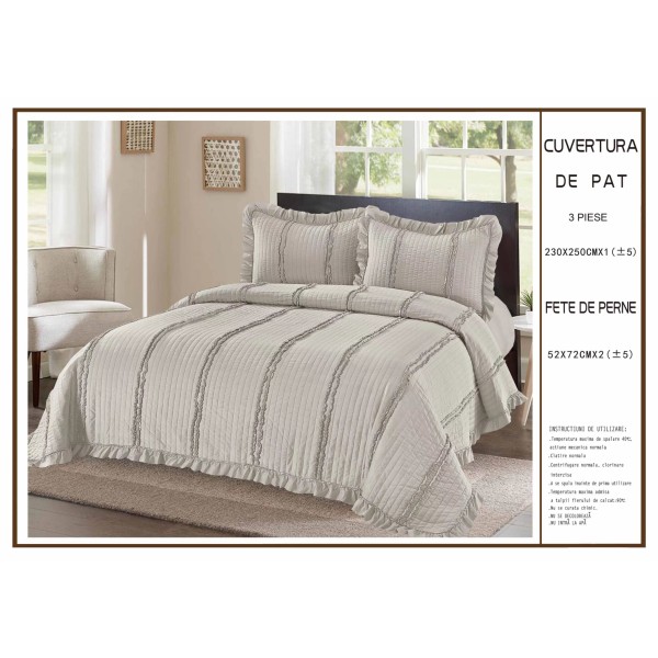 Cuvertura cu volanase pentru pat dublu din Bumbac Satinat, 230x250cm, plus 2 fete de perna, Gri, CBS-044