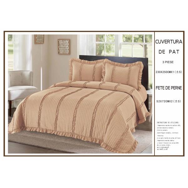 Cuvertura cu volanase pentru pat dublu din Bumbac Satinat, 230x250cm, plus 2 fete de perna, Bej, CBS-045