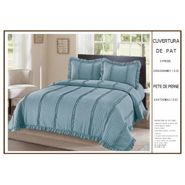 Cuvertura cu volanase pentru pat dublu din Bumbac Satinat, 230x250cm, plus 2 fete de perna, Albastru, CBS-046