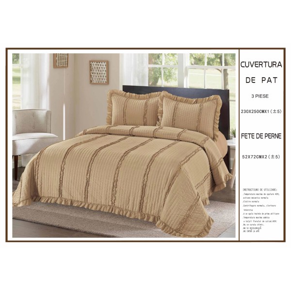 Cuvertura cu volanase pentru pat dublu din Bumbac Satinat, 230x250cm, plus 2 fete de perna, Maro deschis, CBS-047