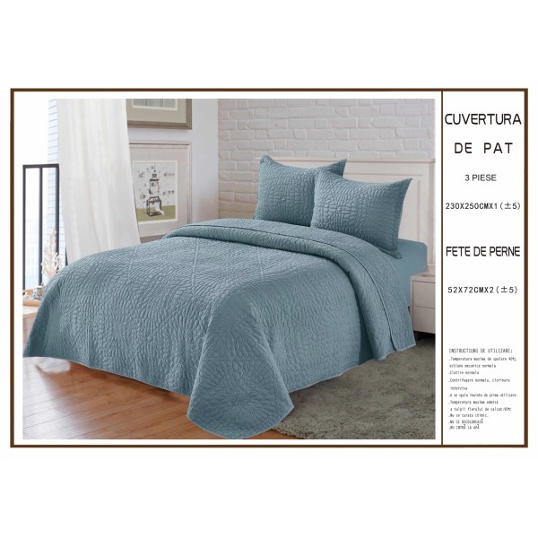 Cuvertura pentru pat dublu din Bumbac Satinat, 230x250cm, plus 2 fete de perna, Albastru, CBS-048
