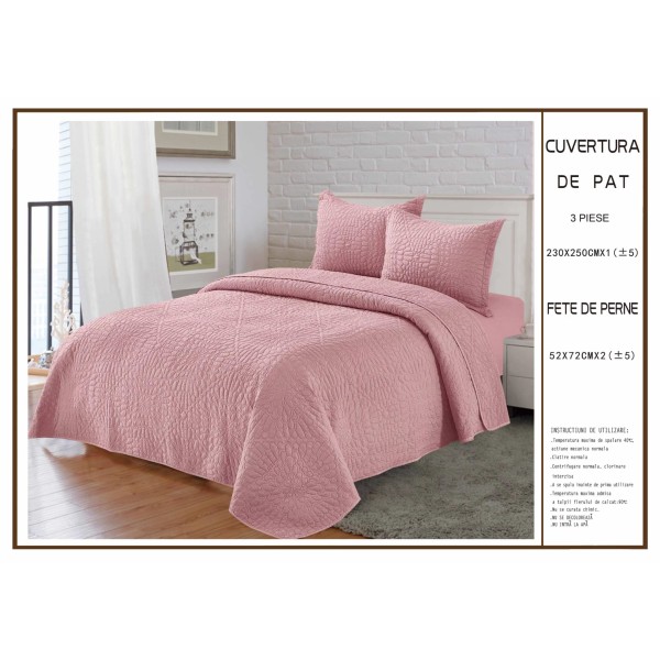 Cuvertura pentru pat dublu din Bumbac Satinat, 230x250cm, plus 2 fete de perna, Roz, CBS-049