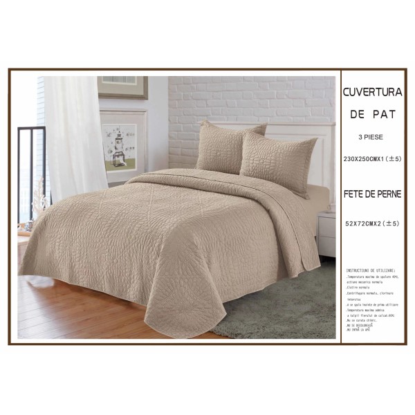 Cuvertura pentru pat dublu din Bumbac Satinat, 230x250cm, plus 2 fete de perna, Maro inchis, CBS-051