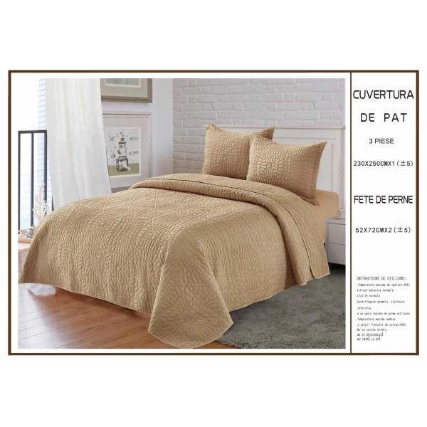 Cuvertura pentru pat dublu din Bumbac Satinat, 230x250cm, plus 2 fete de perna, Bej inchis, CBS-053