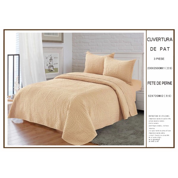 Cuvertura pentru pat dublu din Bumbac Satinat, 230x250cm, plus 2 fete de perna, Crem, CBS-055