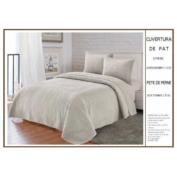 Cuvertura pentru pat dublu din Bumbac Satinat, 230x250cm, plus 2 fete de perna, Gri, CBS-052