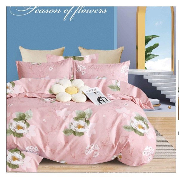Set Lenjerie de Pat din Finet cu 2 Fete, 6 Piese, Pat 2 Persoane, Roz-Alb, flori, OLD-043