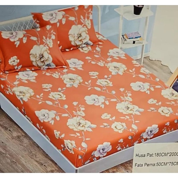 Husa pat cu elastic, Bumbac FINET, 160x200cm, 2 fete de perne 50x70cm, Portocaliu-Alb, flori, OHT-025