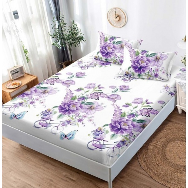 Husa pat cu elastic, Bumbac FINET, 180x200cm, 2 fete de perne 50x70cm, Alb-Multicolor, flori, OHT-036