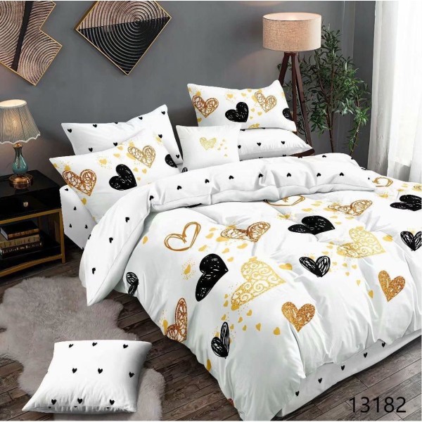 Set Lenjerie de Pat din Finet cu 2 Fete, 6 Piese, Pat 2 Persoane, Alb-Multicolor, inimi, LDF-043