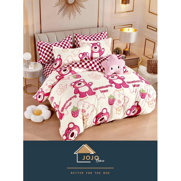 Set Lenjerie de pat din Finet Gros, Cearceaf cu ELASTIC, 6 Piese, Pat 2 Persoane, Alb-Roz, bear, LDE-181