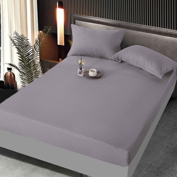 Set cearșaf cu elastic 160x200 cm din damasc finetat + 2 fețe de pernă–gri deschis, LFD-014