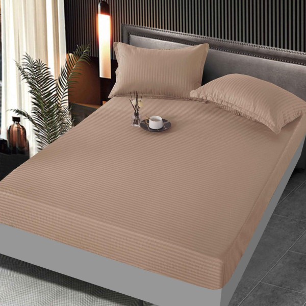 Set cearșaf cu elastic 160x200 cm din damasc finetat + 2 fețe de pernă–bej, LFD-016