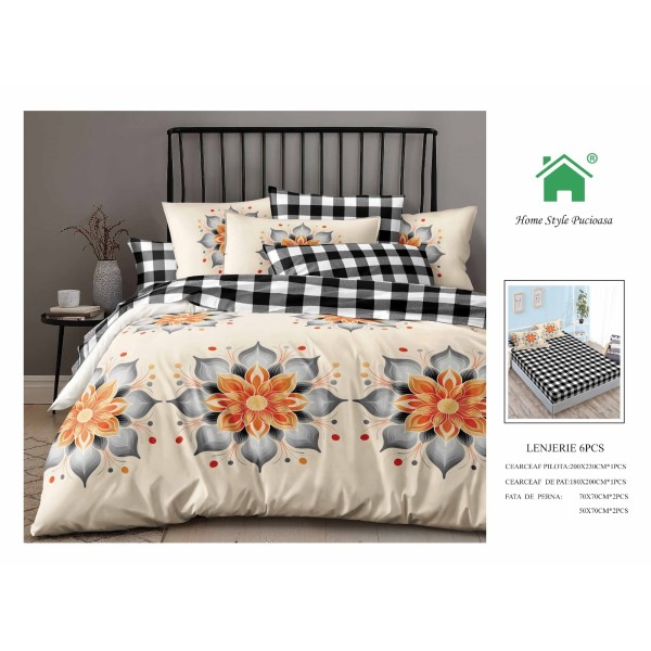 Set Lenjerie de pat din Finet Gros, Cearceaf cu ELASTIC, 6 Piese, Pat 2 Persoane, Crem-Multicolor, flori, LDE-208