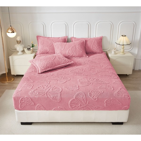 Cearsaf de Pat cu Elastic si 2 Fete de Perna, CoCoLiNo, 180x200x25cm, model FLUTURI, Roz, HCT-013