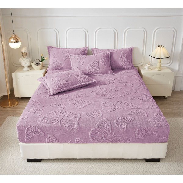 Cearsaf de Pat cu Elastic si 2 Fete de Perna, CoCoLiNo, 180x200x25cm, model FLUTURI, Lila, HCT-020