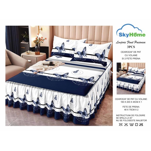 Cearsaf cu volanase, Bumbac FINET, plus  2 fete de perne 50x70cm, Albastru-Alb, fluturi, LDBS-071