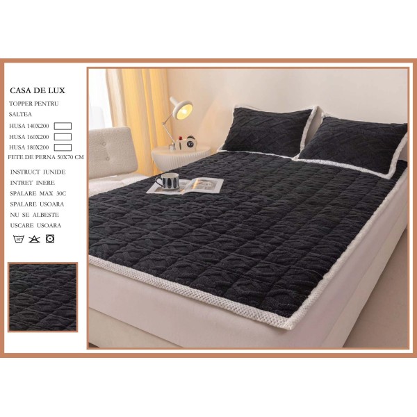 Topper Cocolino Matlasat cu Elastic pe colturi și Două Fețe de Pernă 50x70cm, Negru, TCM-002