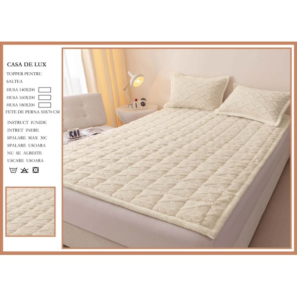 Topper Cocolino Matlasat cu Elastic pe colturi și Două Fețe de Pernă 50x70cm, Crem, TCM-007