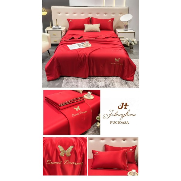 Set Lenjerie de Pat Dublu cu Pilota Vara, SATIN, 4 Piese, Rosu, LPV-002