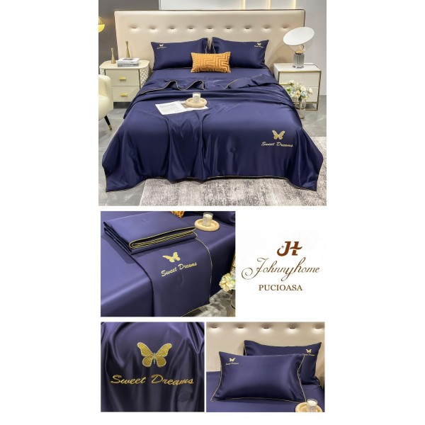 Set Lenjerie de Pat Dublu cu Pilota Vara, SATIN, 4 Piese, Bleumarin, LPV-005
