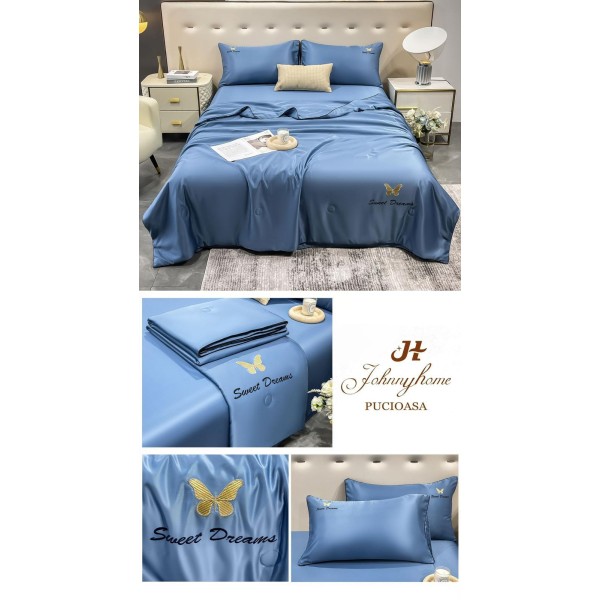 Set Lenjerie de Pat Dublu cu Pilota Vara, SATIN, 4 Piese, Albastru deschis, LPV-016