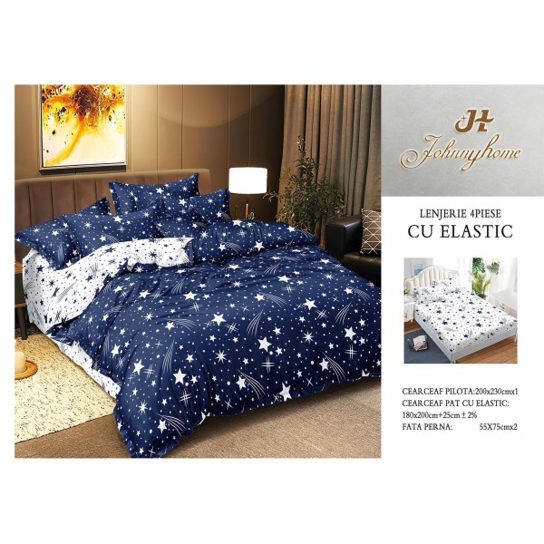 Lenjerie pat dublu, Bumbac Satinat Superior, 4 piese, cu ELASTIC, Albastru-Alb, stele, LDBSE-046