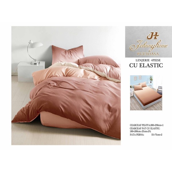 Lenjerie pat dublu, Bumbac Satinat Superior, 4 piese, cu ELASTIC, Caramiziu degrade , LDBSE-011