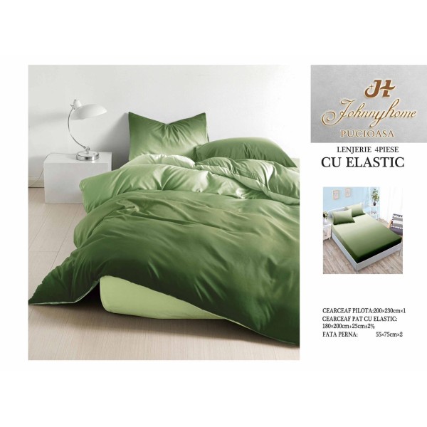Lenjerie pat dublu, Bumbac Satinat Superior, 4 piese, cu ELASTIC, Vernil degrade, LDBSE-002