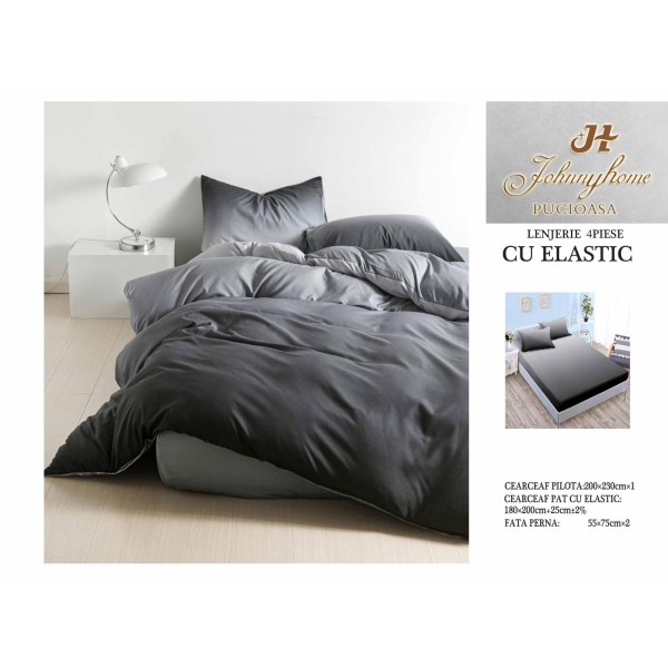 Lenjerie pat dublu, Bumbac Satinat Superior, 4 piese, cu ELASTIC, Gri degrade, LDBSE-005