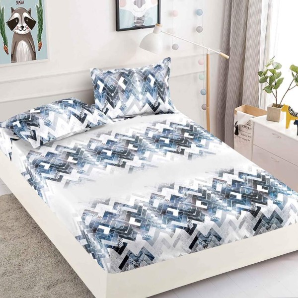 Husa pat cu elastic, Bumbac FINET, 180x200cm, 2 fete de perne 50x70cm, Alb-Blue, zig zag, HDF-034 Husa pat cu elastic, Bumbac FINET, 180x200cm, 2 fete de perne 50x70cm, Alb-Blue, zig zag, HDF-034